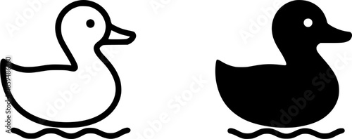 Simple icon, duck illustration, black and white, outline and silhouette versions