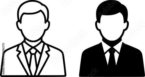 Simple icon, illustration of a man's passport photo, black and white, outline and silhouette versions