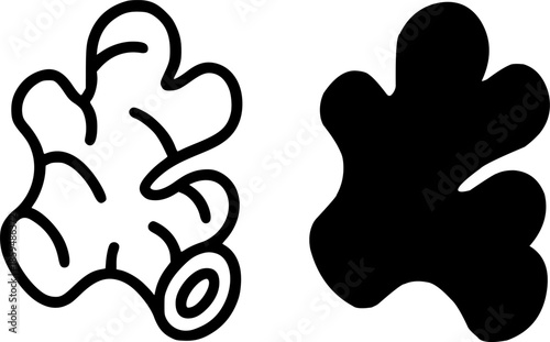 Simple icon, ginger illustration, black and white, outline and silhouette versions