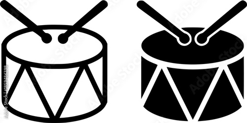Simple icon, drum illustration, black and white, outline and silhouette versions