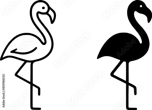 Simple icon, flamingo illustration, black and white, outline and silhouette versions