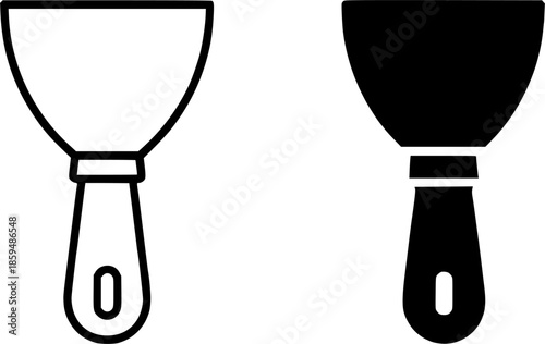 Simple icon, putty knife illustration, black and white, outline and silhouette versions