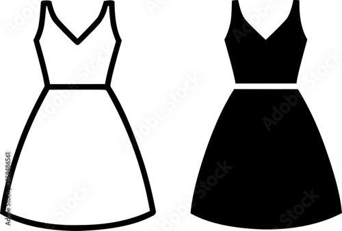 Simple icon, dress illustration, black and white, outline and silhouette versions