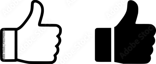 Simple icon, thumbs up illustration, black and white, outline and silhouette versions