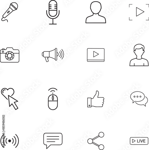 Blogging and Social Media line art icon collection. Includes line art symbols video, like, camera, microphone, chat and more. Isolated icons. Social Media icon set. 