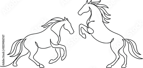 Two horses in a dynamic pose illustrated with a continuous line drawing style