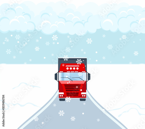 Red truck at snowy winter road. Vector cartoon flat illustration. 