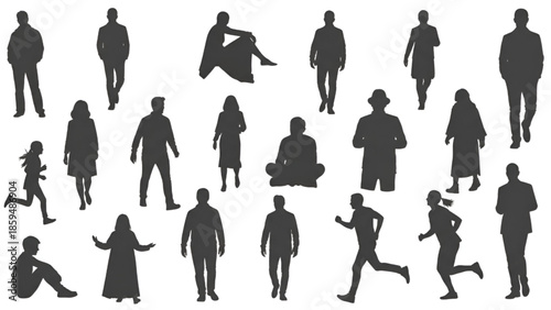Silhouettes of People in Various Poses Isolated on White Background