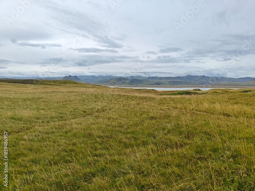 Panoramic Icelandic landscape with a vast golden grass field, a calm lake, and distant snowy mountains under a cloudy sky.