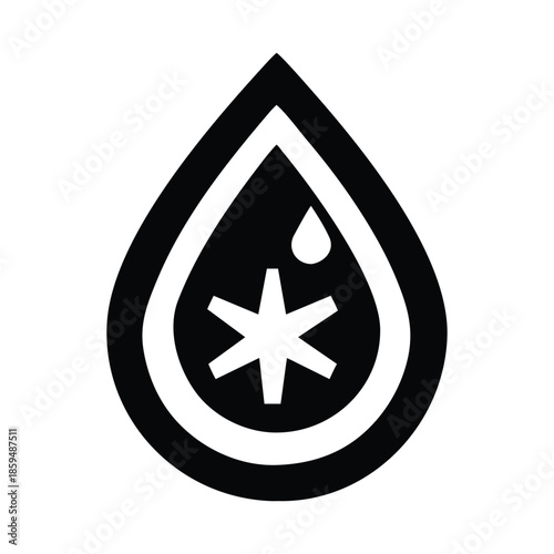 A striking black and white droplet icon featuring a starburst inside conveying purity and essence