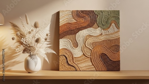 Abstract earth tones artwork with dried floral arrangement