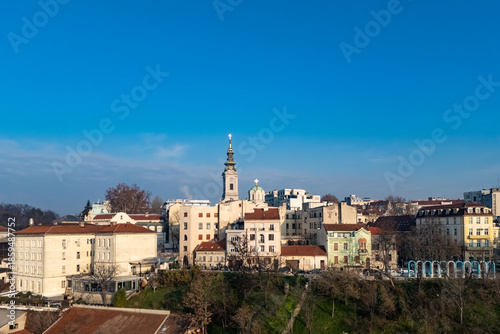 Belgrade, Serbia - December 20, 2025: View of the panorama of Belgrade and the cathedral church. Belgrade photographed from a drone