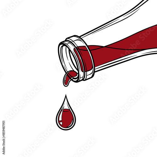 Clear drop of red liquid falling from a bottle  