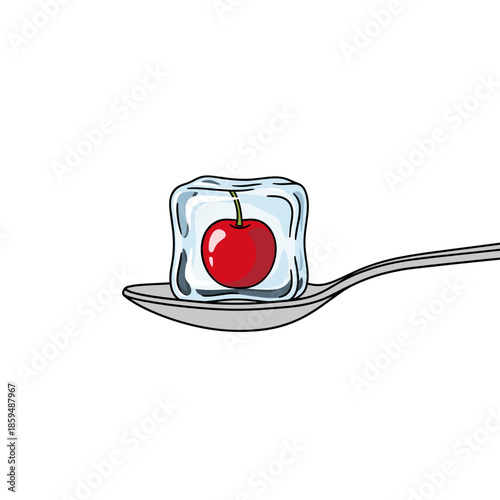 Cherry encased in ice cube on silver spoon against white background  