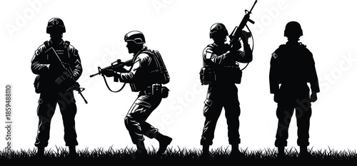 Soldier silhouettes on grass, military figures standing, armed rifle poses, combat stances, tactical readiness, battlefield vigilance, army personnel silhouettes formation