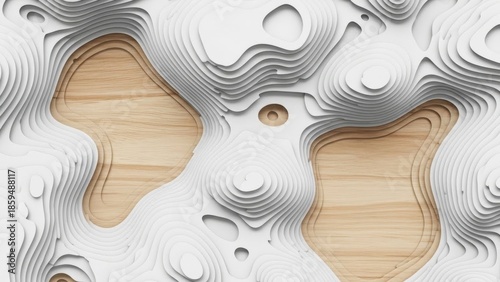 Wooden patterns emerge on a modern white surface with abstract shapes.