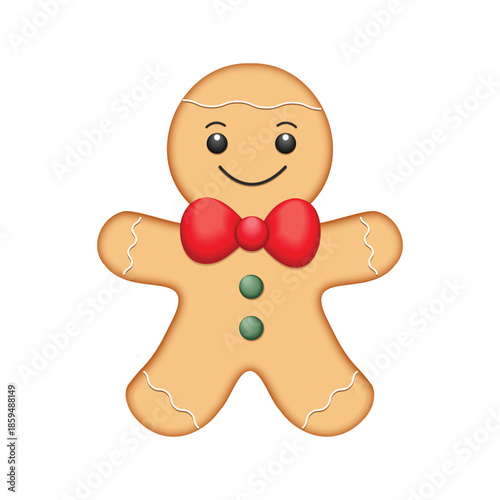Gingerbread man cookie with frosting and buttons. Cute gingerbread man smiling vector illustration. Realistic gingerbread man cookie icon.  