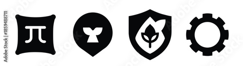 A collection of four distinct black and white shield shaped icons with varied internal designs