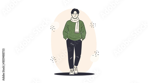 Stylish young man walking outdoors in winter casual outfit with green sweater and scarf