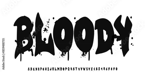 Melting font. liquid, flowing english alphabet with drops and drips, thawing latin letters and numbers, fluid typography, fused deformation, topping lettering vector flat isolated set