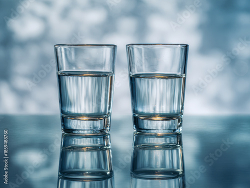 Two transparent glasses filled with clear water standing on a reflective surface against a soft focused light blue and white background creating symmetrical reflecti
