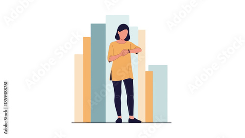 Stylish woman standing against colorful bar chart background engaging with her smartphone