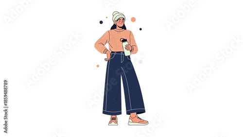 Stylish woman in casual outfit holding a smartphone with colorful background dots