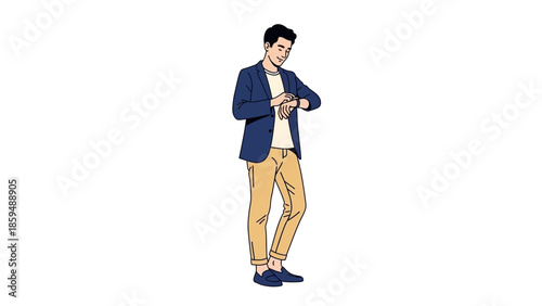 Stylish young man checking time with casual urban outfit and confident pose