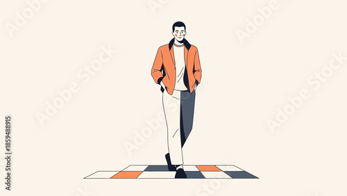 Stylish young man confidently walking on a colorful geometric patterned floor with a modern casual