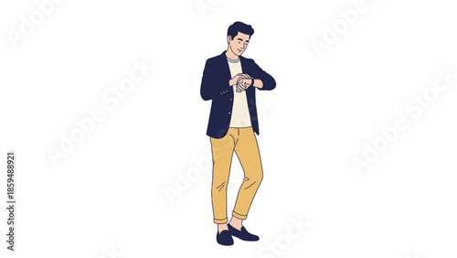 Stylish young man dressed in a blazer and chinos looking at his smartwatch in a casual setting