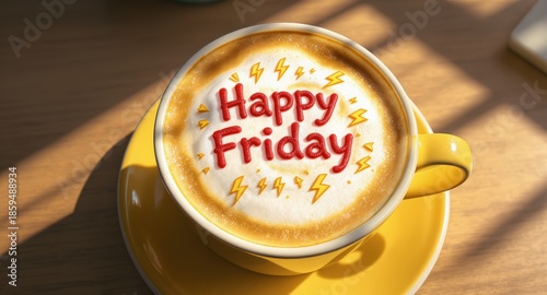Yellow Coffee Cup with Latte Art Saying Happy Friday in Red and Yellow Colors on Wooden Table