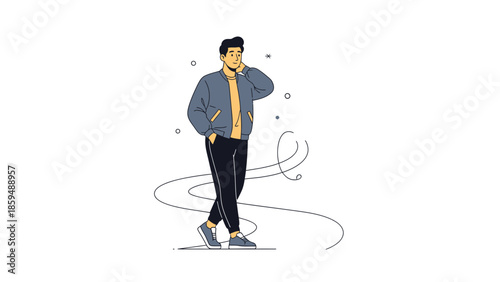 Stylish young man ice skating outdoors wearing casual jacket and pants enjoying winter leisure