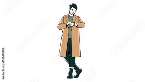 Stylish young man in casual outfit looking at his watch and waiting outdoors