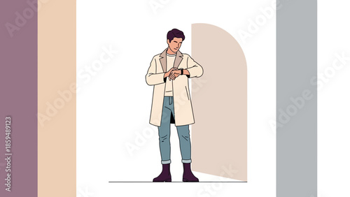 Stylish young man waiting and checking the time on his wristwatch in a minimalist setting with