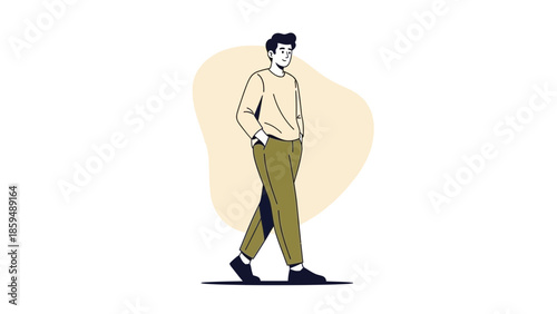 Stylish young man walking casually wearing trendy outfit and relaxing posture in minimalistic design