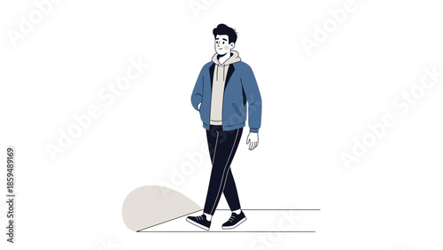 Stylish young man walking casually in a modern city setting wearing a blue jacket and sneakers