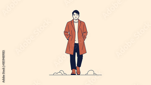 Stylish young man walking confidently in a casual autumn outfit with a long coat and boots