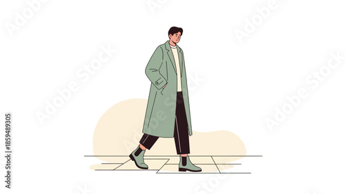 Stylish young man walking confidently on city sidewalk wearing trendy streetwear and coat