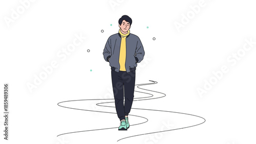 Stylish young man walking confidently on a curvy pathway with a modern casual outfit and relaxed