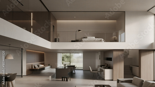 a duplex futuristic home interior, upper-level bedroom and lower-level living space