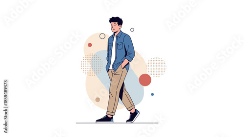 Stylish young man walking confidently with casual attire and modern accessories