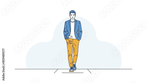 Stylish young man walking confidently with casual pose in minimalistic illustration