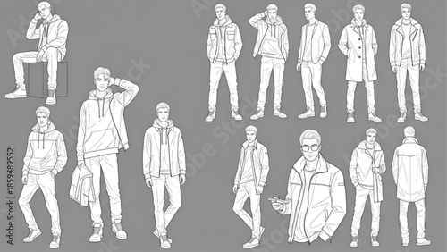Young Man Illustration Set in Various Poses and Outfits on Gray Background