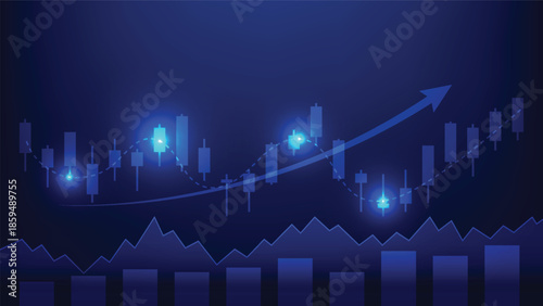 stock market chart. candlesticks with bar graph and arrow up on blue background