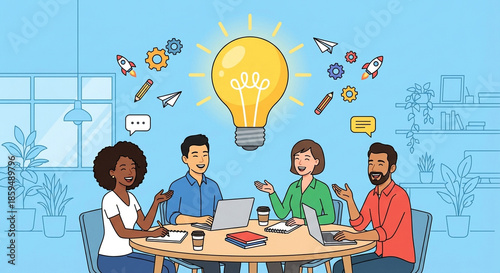 Illustrative meeting scene with diverse professionals brainstorming creative ideas