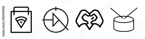 A collection of simplistic black and white line drawings depicting everyday objects and abstract shapes