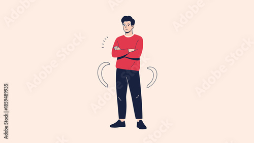 Confident young man standing with arms crossed on a plain background in a minimalistic illustration