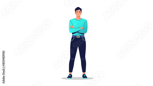 Confident young man standing with crossed arms in casual attire on plain white background