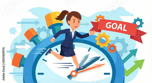 Illustrated businesswoman running on a clock towards 'goal' representing speed and efficiency