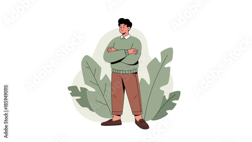 Contemplative Man Standing with Crossed Arms Among Green Foliage in Minimalist Illustration